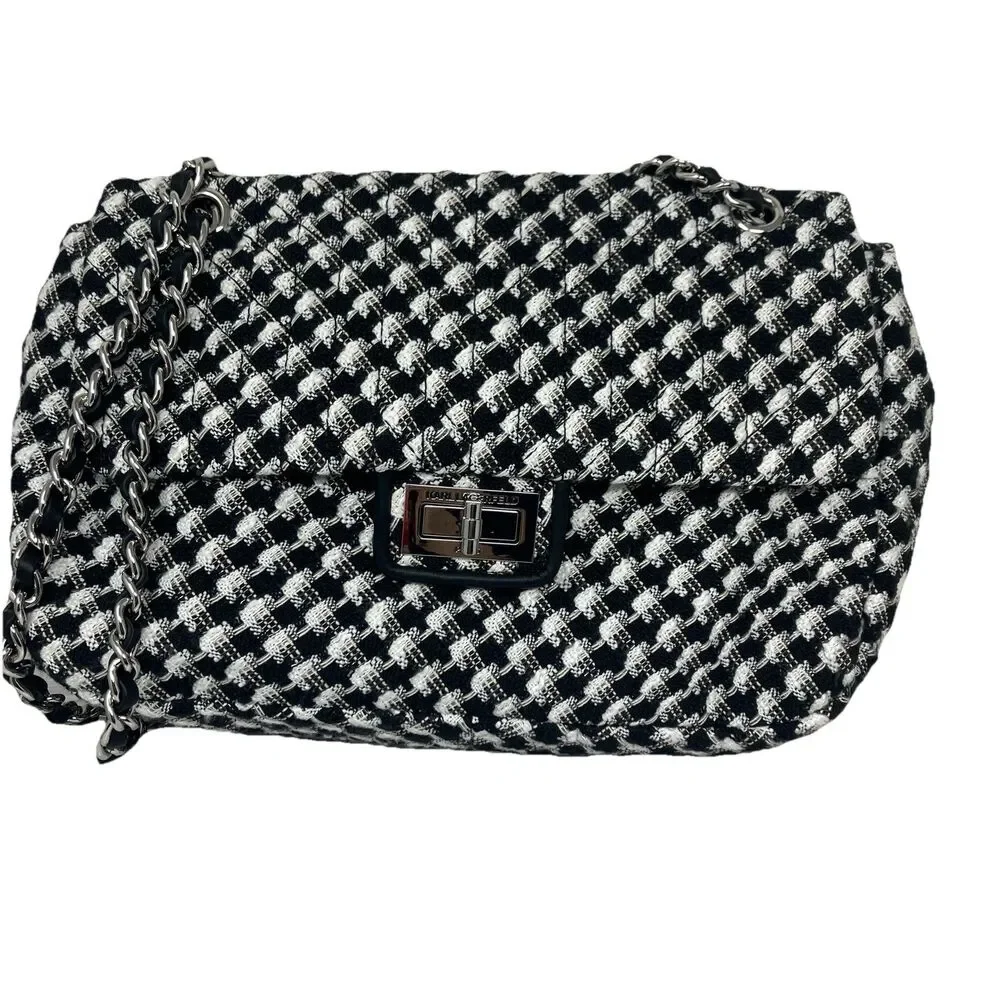Karl Lagerfeld Paris Tweed Shoulder‎ Bag Womens Black White Chain Flap Spring